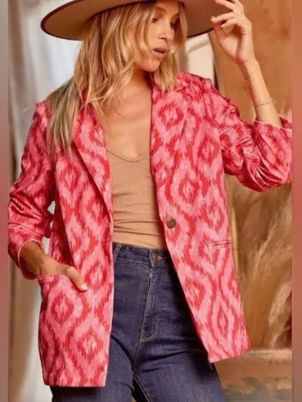 Savanna Jane Pink Red Ikat Blazer Jacket Small